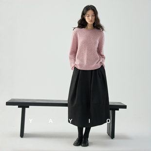 YAYIO【实用主义】牛绒灰粉色绞花圆领长袖针织亲肤保暖内搭毛衫