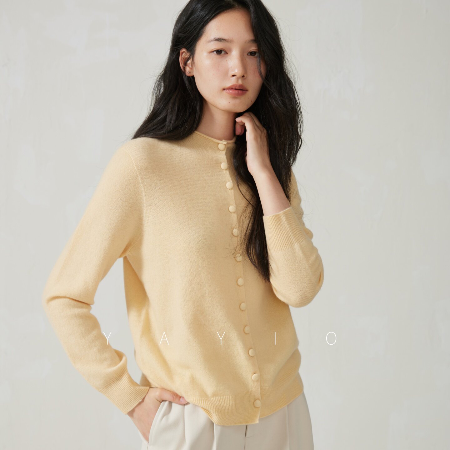 YAYIO 秋季新款10羊绒毛衫复古内搭立体针织包扣半高领针织开衫女
