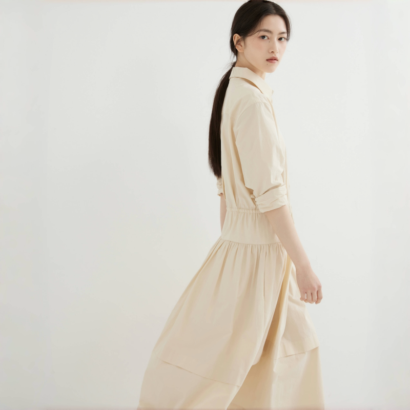 YAYIO 春秋新款衬衫连衣裙女 高品质水洗纯棉杏色裙子