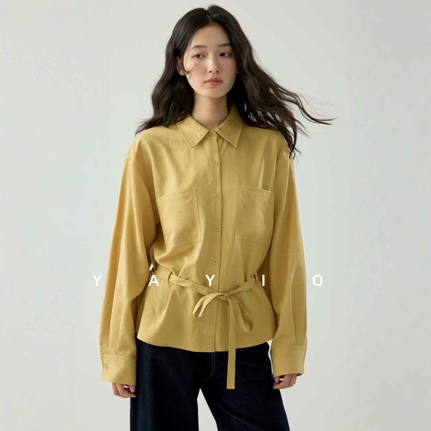 天丝亚麻腰带多种穿法长袖衬衫