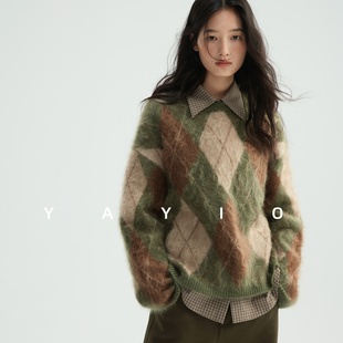 纯山羊绒拉绒格子圆领套头抗起球羊绒衫 YAYIO 重磅羊绒拉绒