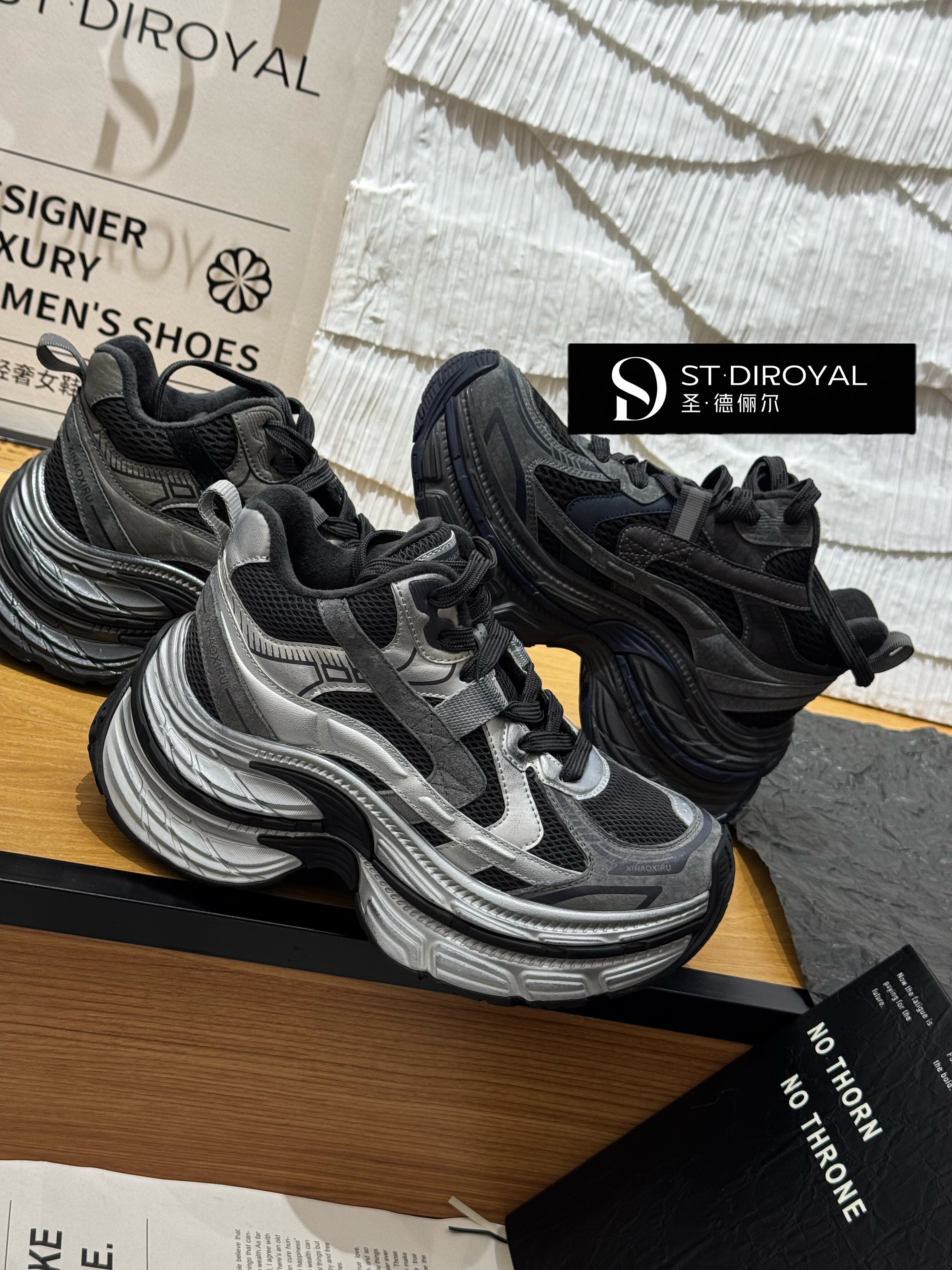 圣德俪尔2025新款厚底增高6cm女鞋复古百搭休闲运动鞋高帮老爹鞋