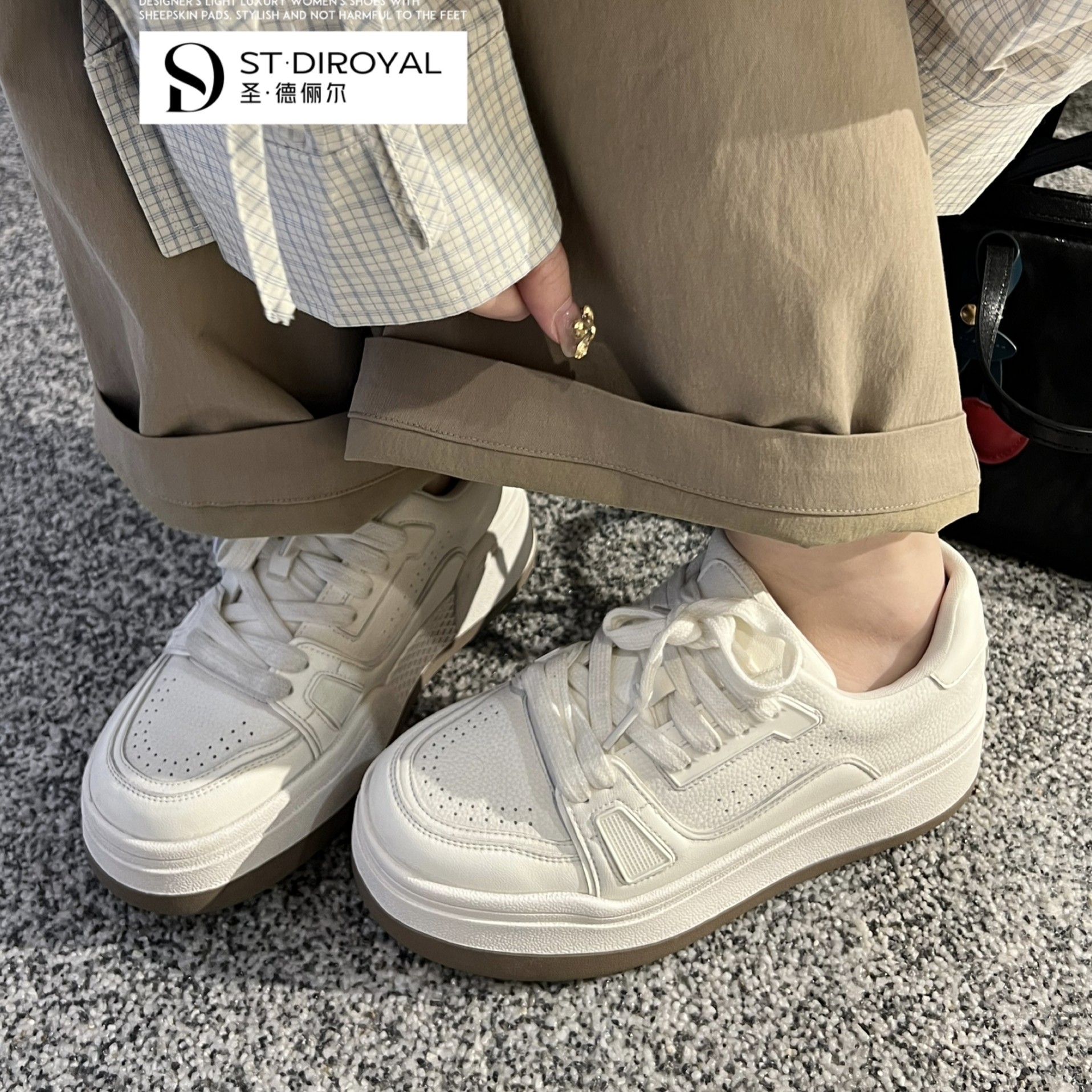 圣德俪尔2026春季新款板鞋女真皮休闲运动鞋真皮厚底增高小白鞋潮