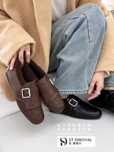 圣德俪尔复古雕花小皮鞋2025新款女鞋百搭休闲厚底加绒保暖棉鞋女