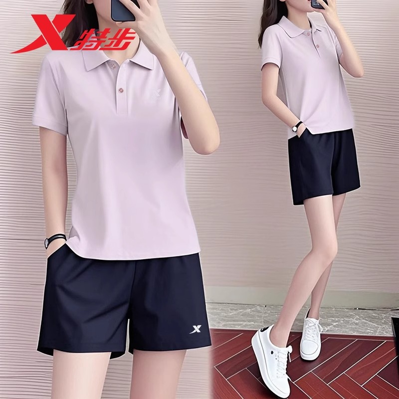 特步运动套装女夏季休闲服速干翻领短袖短裤polo衫羽毛球两件套女