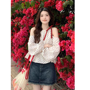 新款 法式 女2025秋季 挂肩甜美波点漏肩长袖 设计感小众宽松上衣 衬衫