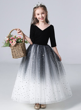 儿童女童公主礼服长裙子女孩大童黑色连衣裙蓬蓬纱裙钢琴表演出服