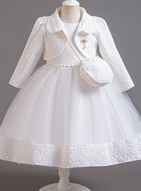 儿童礼服蓬蓬公主裙子花童白色婚纱裙女童长袖连衣裙套装表演出服