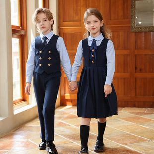 春秋冬幼儿园女童百褶连衣裙子小学生学院风演出服儿童背心裙套装