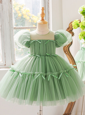 女童泡泡袖网纱连衣裙夏季儿童绿色超仙蓬蓬公主裙洋气甜美演出服