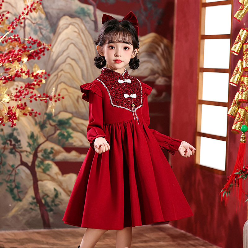 女童红色旗袍连衣裙新中式国风