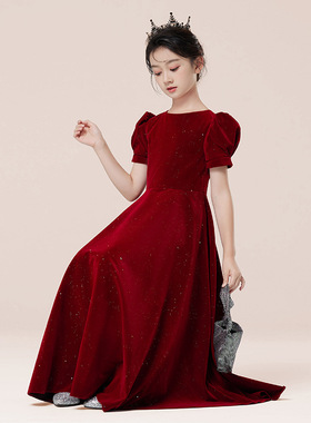 儿童礼服长裙子红色连衣裙女童公主裙中大童女孩主持人生日演出服