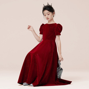 儿童礼服长裙子红色连衣裙女童公主裙中大童女孩主持人生日演出服