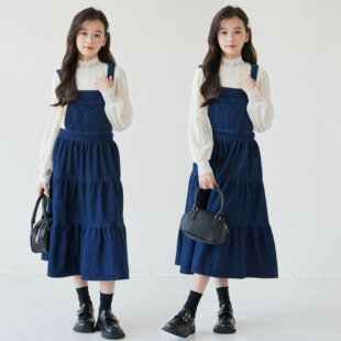 韩版时尚中大童牛仔背带裙女童装春秋款连衣裙小女孩蛋糕中长裙子