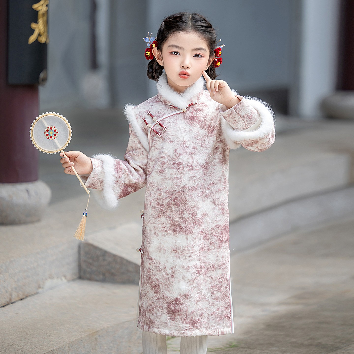 女童旗袍裙加绒儿童长袖连衣裙冬