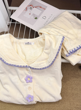 紫色花朵娃娃领睡衣女秋冬季长袖海岛绒宫廷风开衫简约家居服套装