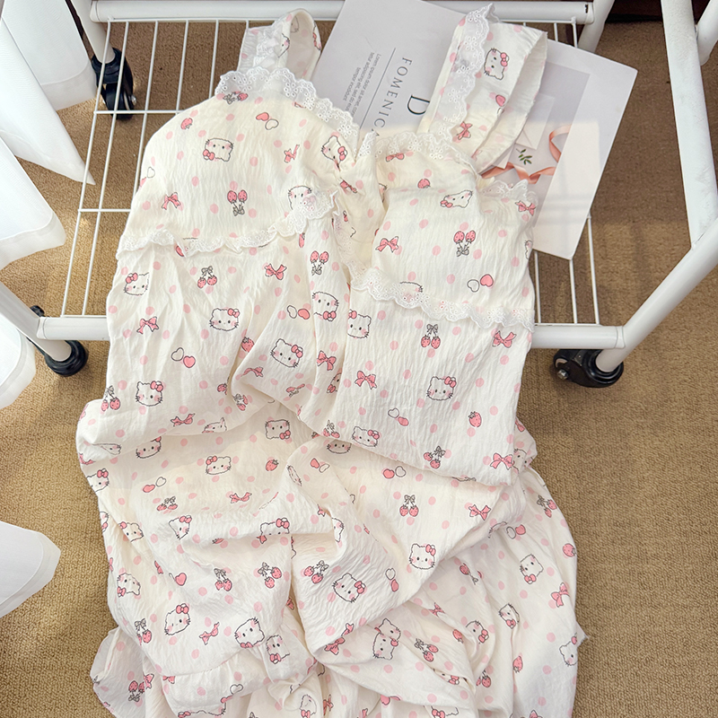 可爱HelloKitty吊带睡裙女夏季云朵棉带胸垫睡衣甜美性感家居服夏