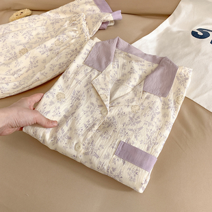 高级感紫色花朵睡衣女春秋季长袖薄款云朵棉新款日系家居服两件套