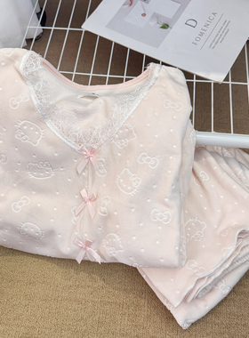 粉色高级感花边HelloKitty睡衣女秋冬季海岛绒蝴蝶结开衫家居服女