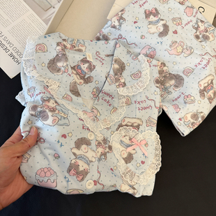 家居服套装 灰色可爱猫咪睡衣女春秋季 花边2026年新款 纯棉薄款 长袖