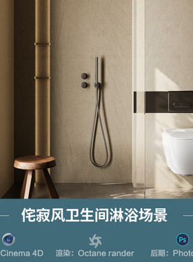 【1133侘寂风卫生间淋浴】c4d模型obj源文件OC渲染三维室内工程