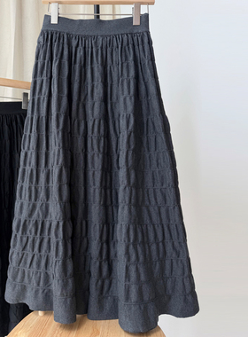 秋冬新款股理感高个子针织半身长裙羊毛大摆裙深灰色纯黑保暖半裙