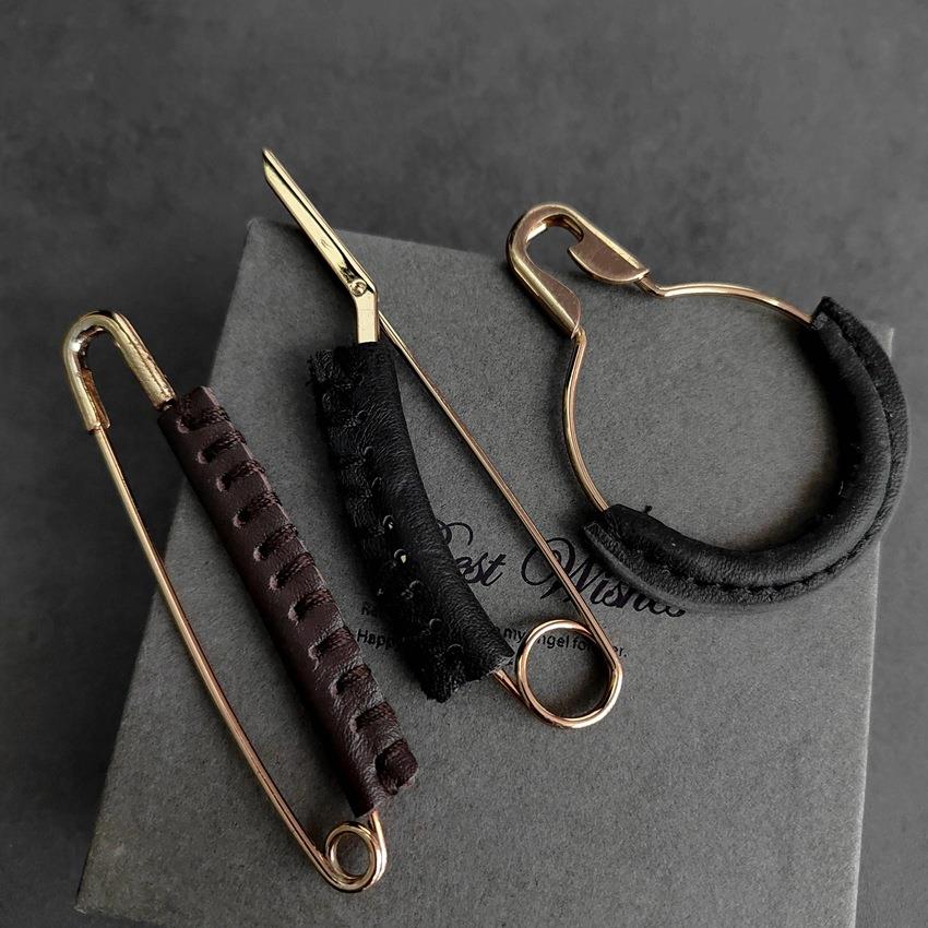 safetypin电镀金色带皮手工缝皮