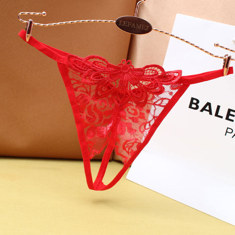开档内裤女性感透明低腰无痕火辣红色本命年房事用蕾丝女式丁字裤