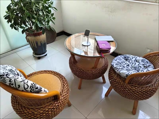 新款藤编小椅子家用单人藤椅矮凳圆凳实木换鞋凳阳台靠背椅简约