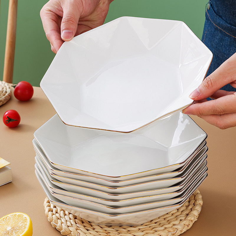 新款家用白描金菜盘简约金边餐具饭盘可微波北欧风轻奢陶瓷菜碟子,餐饮具,盘,淘宝优惠券,粉丝福利购,淘宝优惠卷