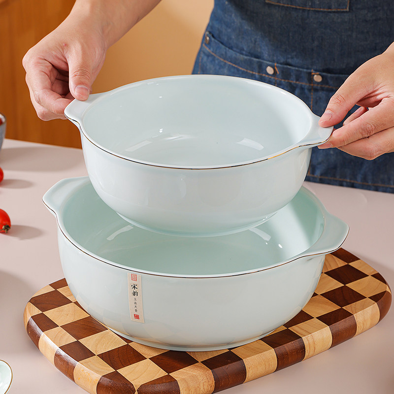 天青色陶瓷双耳汤碗家用高颜值大容量带盖碗大号金边汤盆大碗餐具,餐饮具,碗,淘宝优惠券,粉丝福利购,淘宝优惠卷