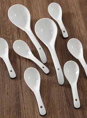 勺子家用黑线陶瓷汤匙儿童吃饭勺白色釉下彩喝汤勺简约调羹大汤勺