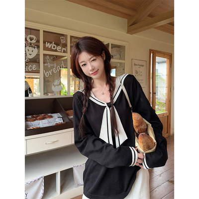 大码女装海军翻领针织减龄宽松