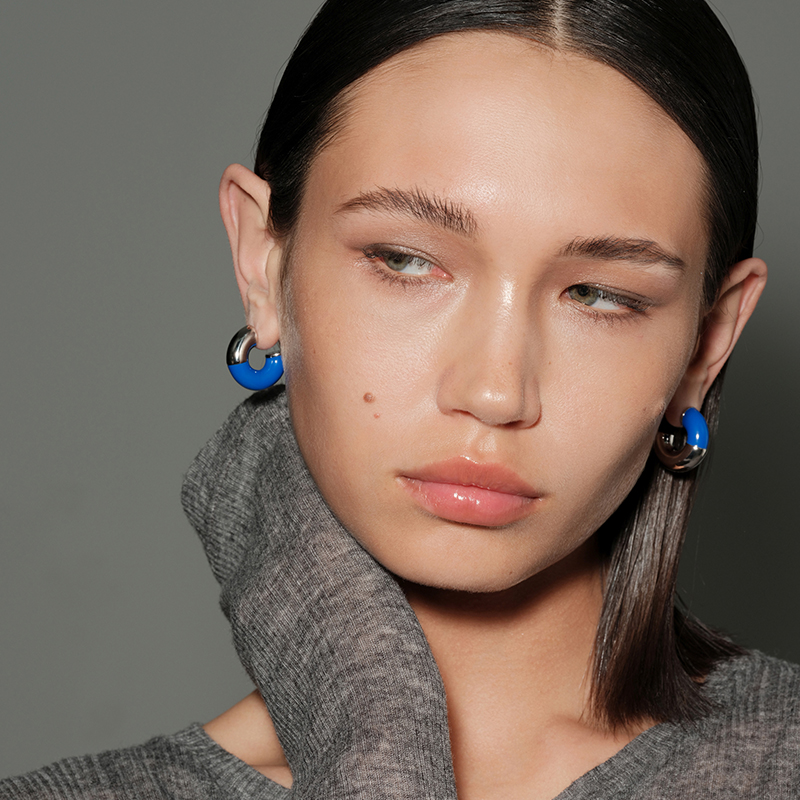 【CnHnOn脂肪商店】个性高级质感宝蓝色珐琅滴釉拼接银耳圈耳环