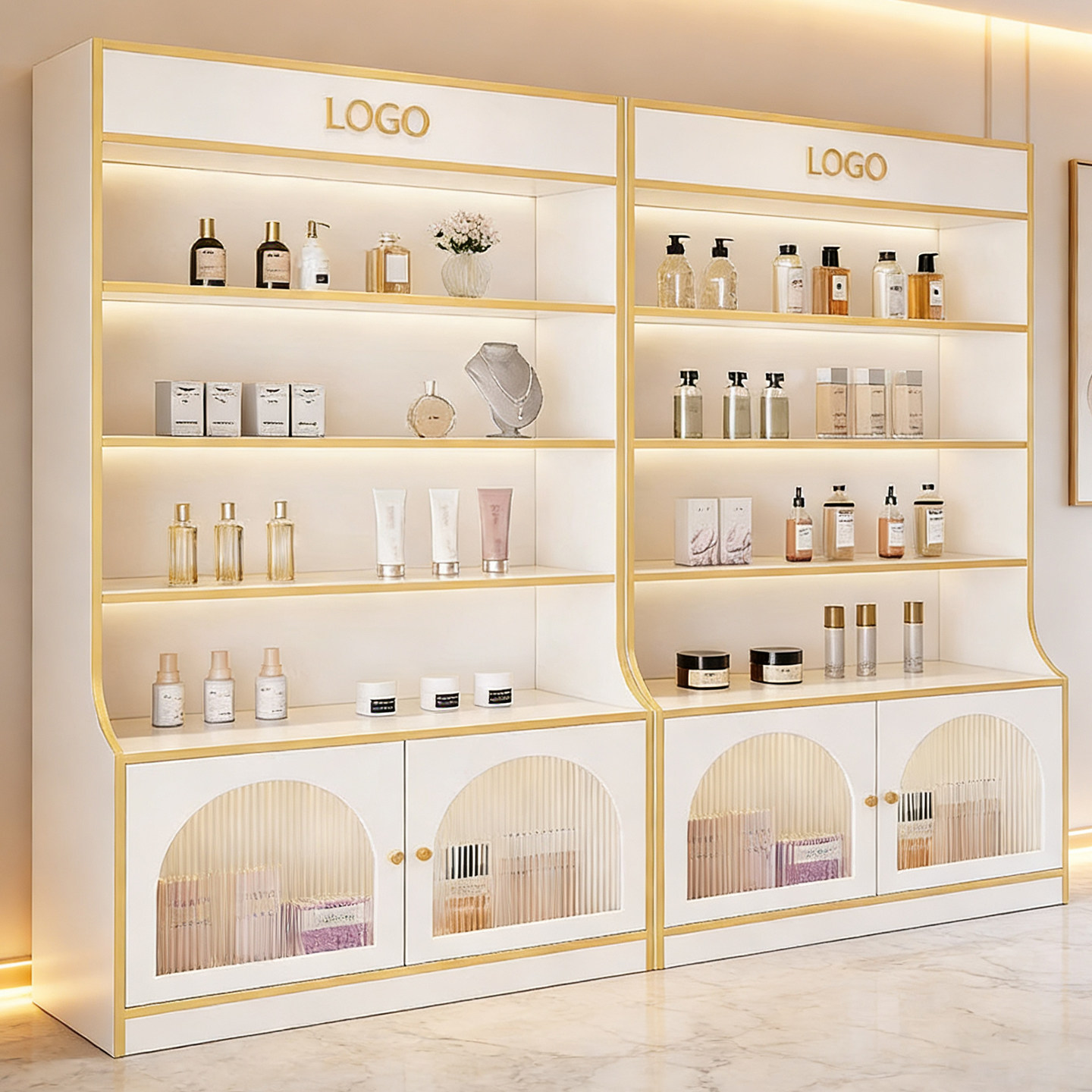 化妆品展示柜美容院美甲店产品陈列架玻璃门护肤品置物架多层货架