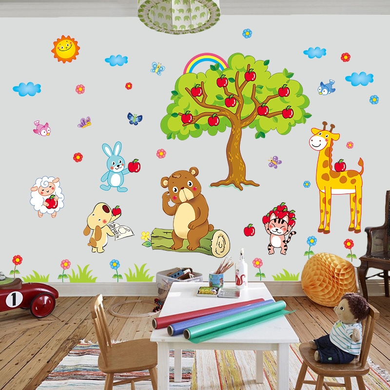 卡通动物宝宝墙纸墙上贴画儿童房幼儿园卧室墙壁装饰自粘墙贴纸图片