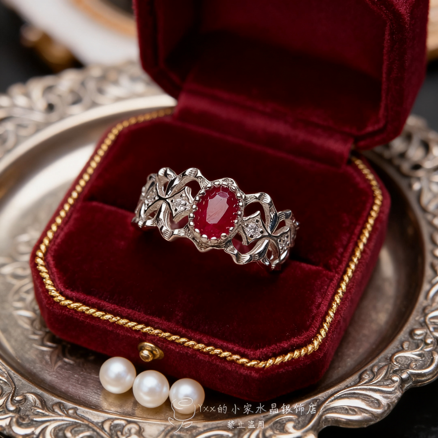 天然红宝石戒指女纯银镶嵌宝石4乘6老烧简约经典时尚银饰开口指环