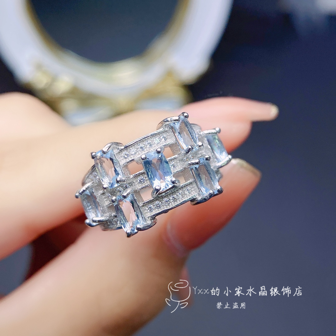 天然海蓝宝戒指3乘5时尚排戒