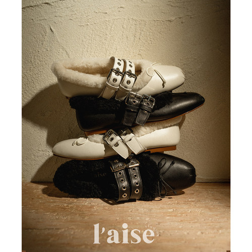 L'aise秋冬绑带褶皱浅口芭蕾鞋