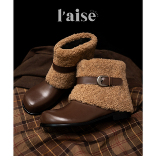 复古冬季 Boots Trendy 皮带扣加绒毛毛短靴圆头雪地靴女 aise
