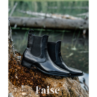 复古头层水染牛皮秋冬B入方头低跟切尔西短靴女 aise塞西莉亚
