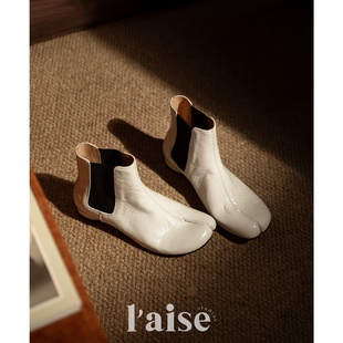 进口皱漆牛皮设计师款 Shoes Stylish 切尔西分趾短靴子女 aise
