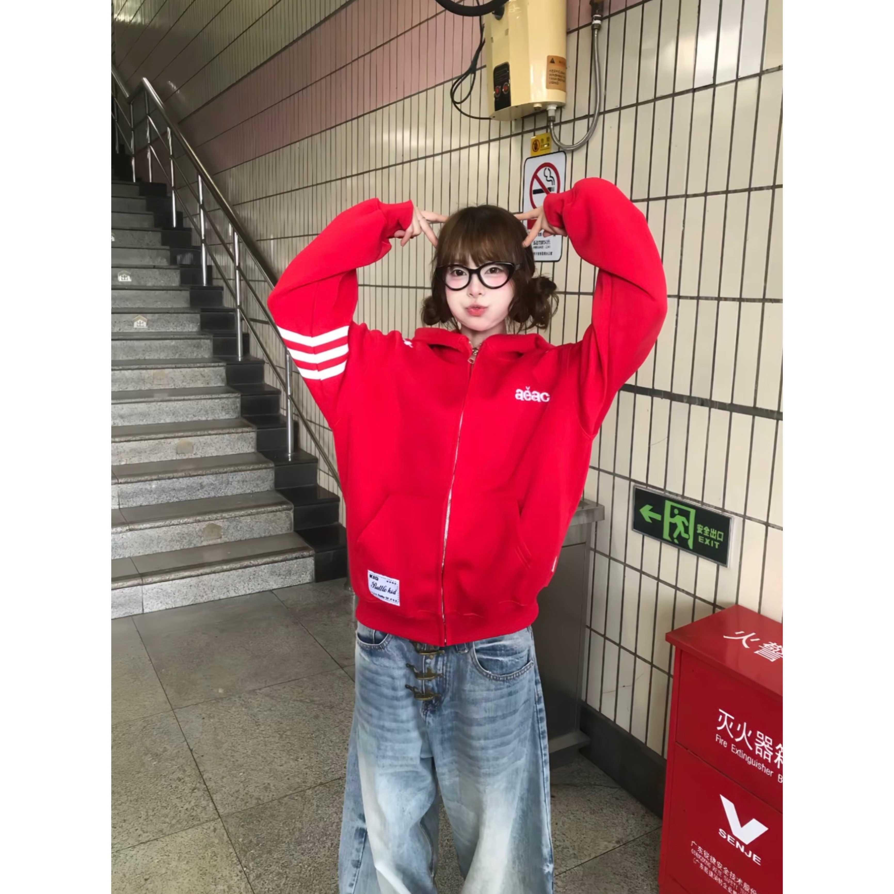 美式高街红色三条杠拉链开衫卫衣女春秋连帽宽松设计感慵懒风外套
