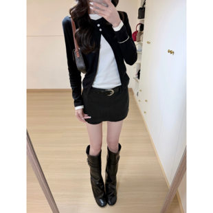 设计感假两件长袖t恤女早秋季修身休闲撞色开衫上衣韩系气质百搭