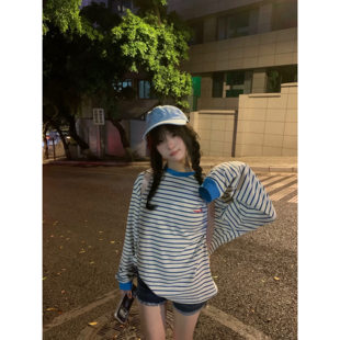 美式高街撞色条纹长袖t恤女秋季2026新款宽松休闲百搭慵懒风上衣