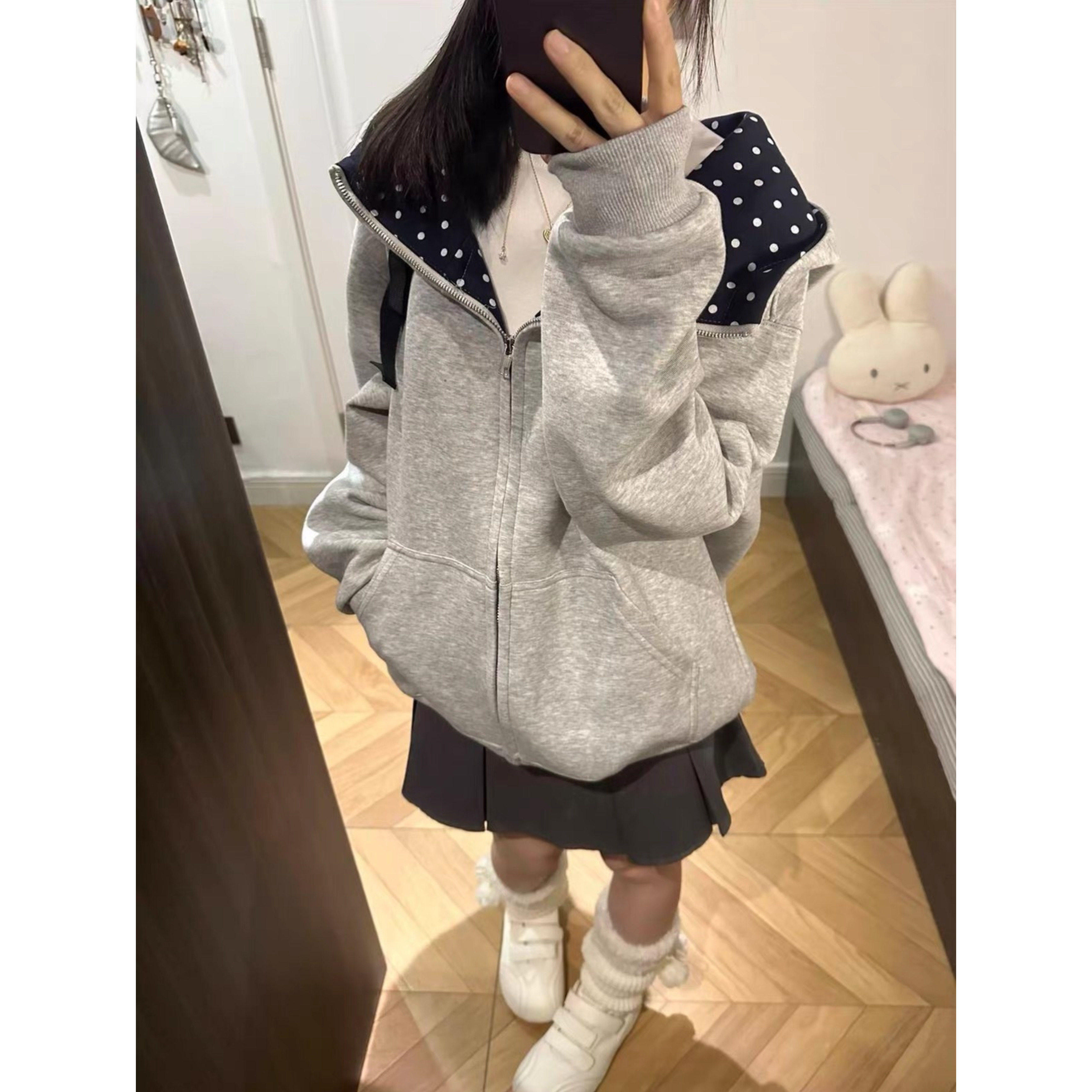 韩系学院风波点撞色连帽卫衣女秋冬加绒加厚宽松拉链开衫灰色外套