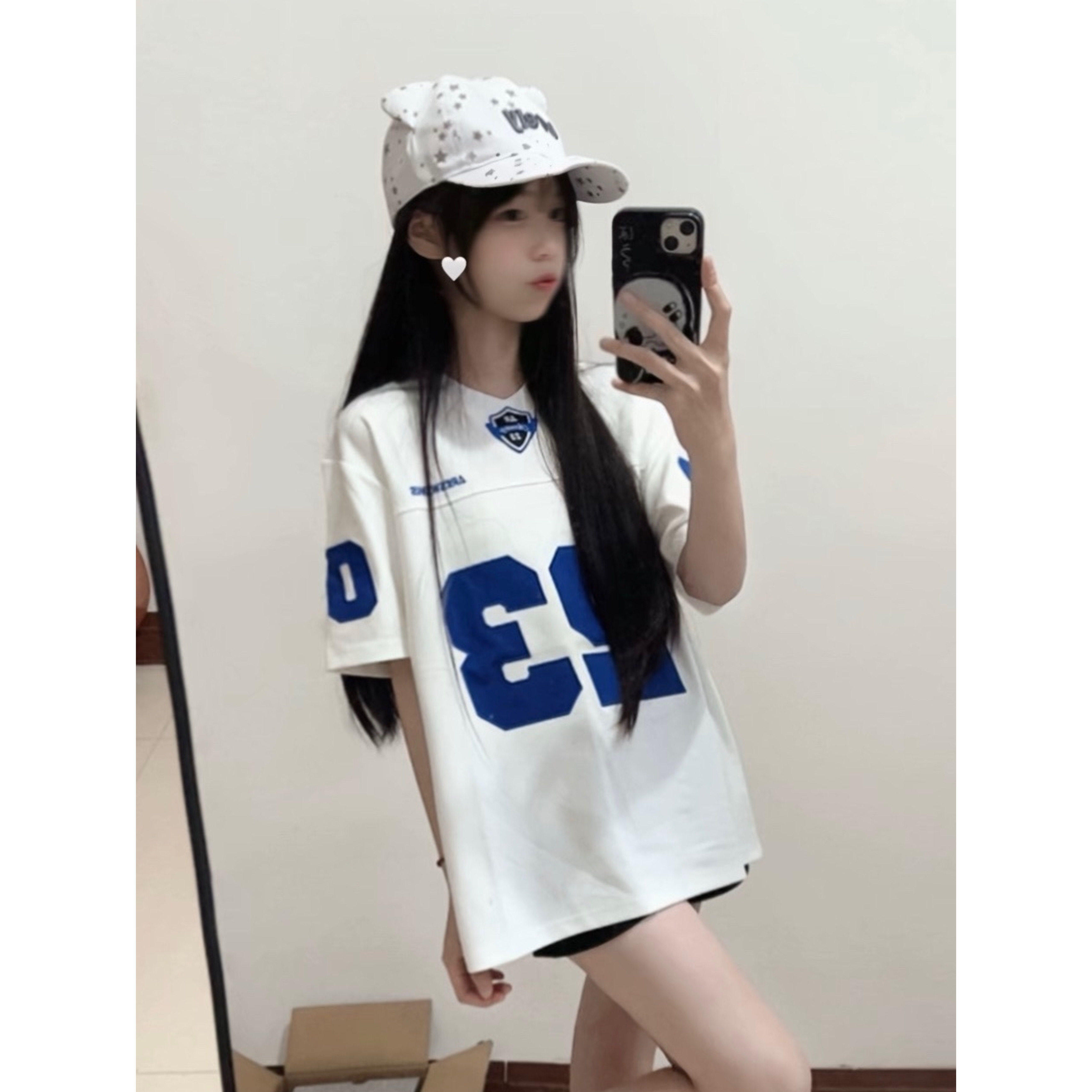 美式复古数字刺绣短袖t恤女夏季球衣运动风宽松休闲百搭情侣上衣