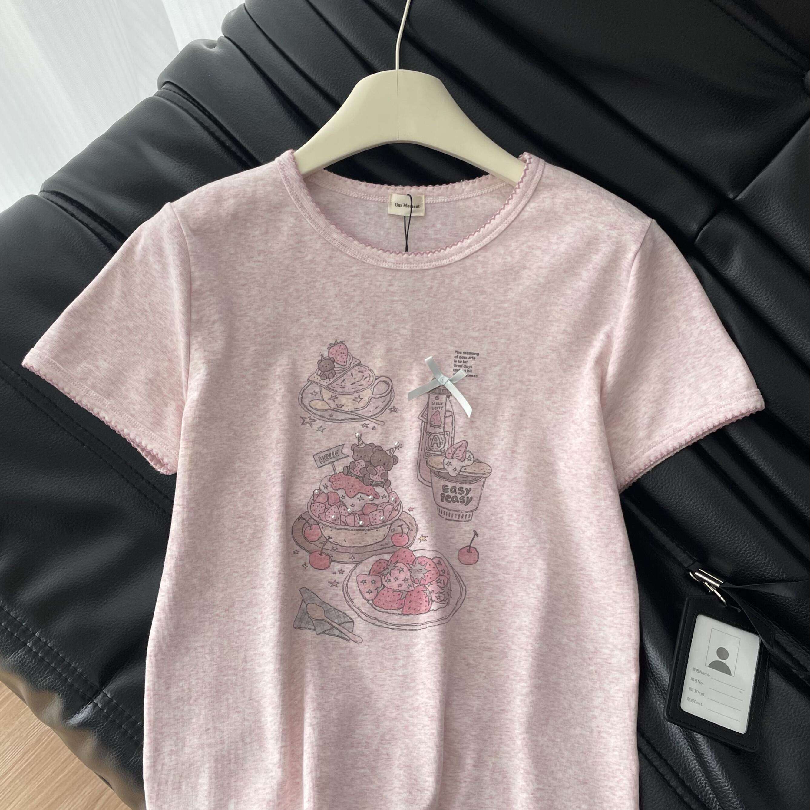 韩系ins甜美粉色甜品蝴蝶结短袖t恤女夏季宽松慵懒百搭设计感上衣