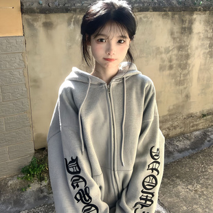 华夫格高街十字架刺绣开衫连帽卫衣女春秋哥特设计感宽松情侣外套