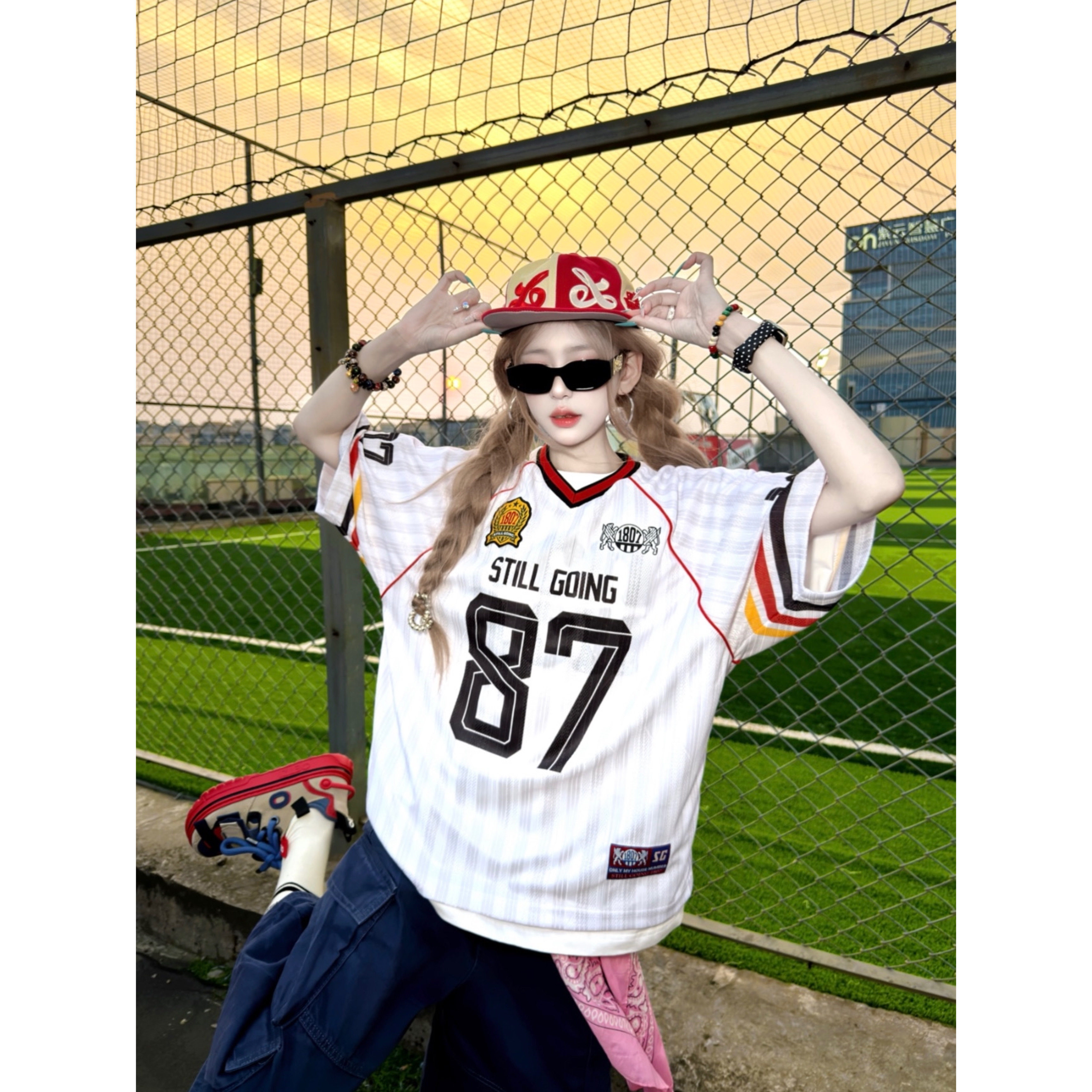 美式复古数字短袖球衣t恤女夏季2026新款宽松休闲百搭运动风上衣